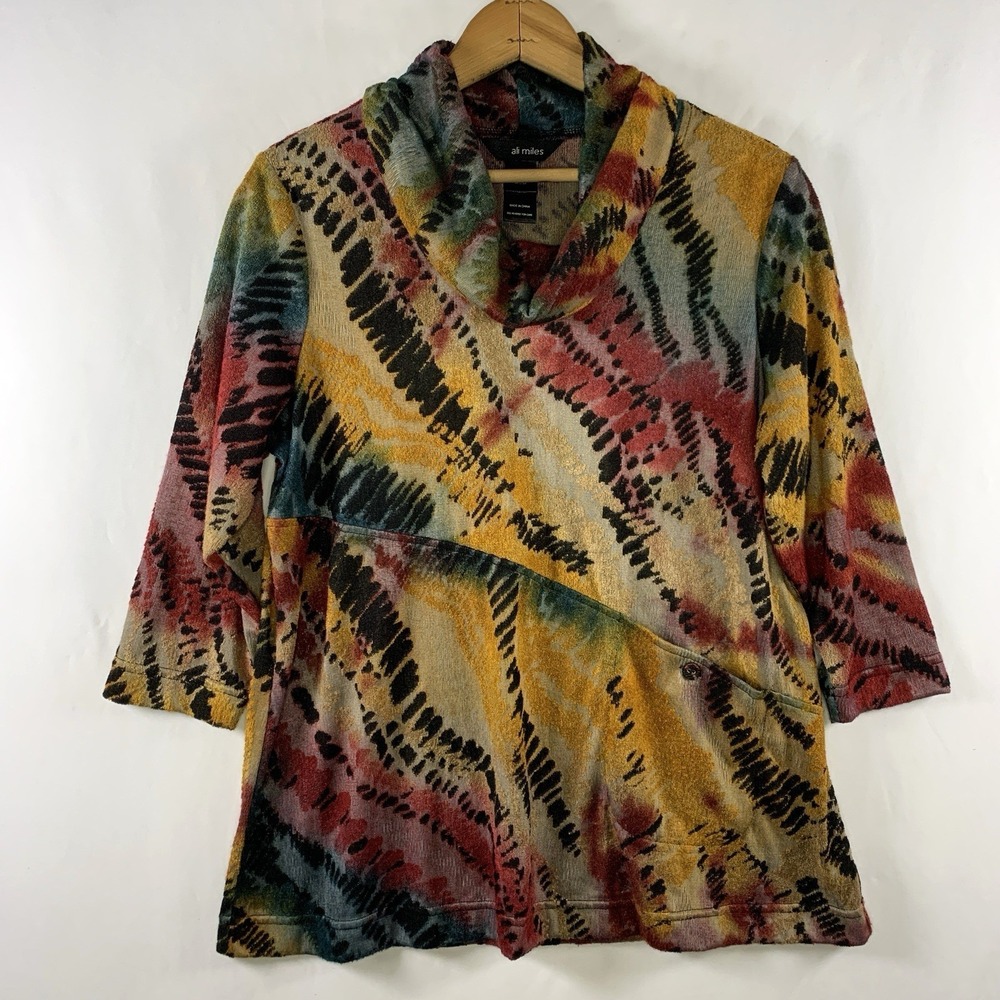 Ali Miles Womens Texurted Cowl Knit Tunic Top Sz M Petite Artsy Lagenlook Pocket